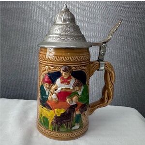 Ceramic Beer Stein with Pewter Lid - German Bar Theme  Vintage